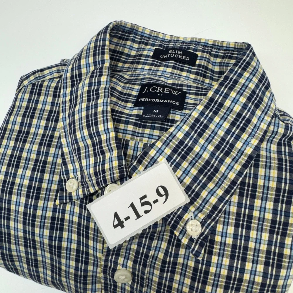 J Crew Shirt Mens Medium Blue Plaid Performance Slim Untucked Preppy Office